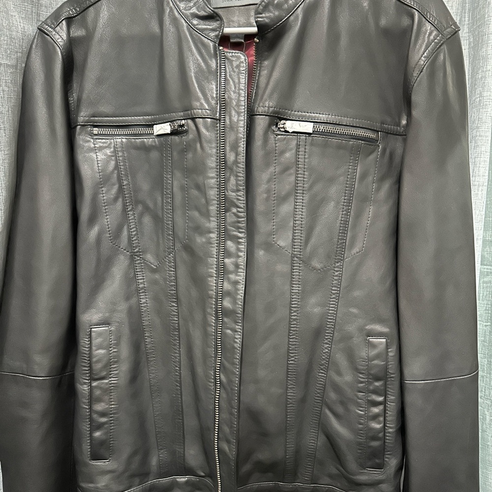 Men's Sleek Gray Black Leather Bomber Jacket